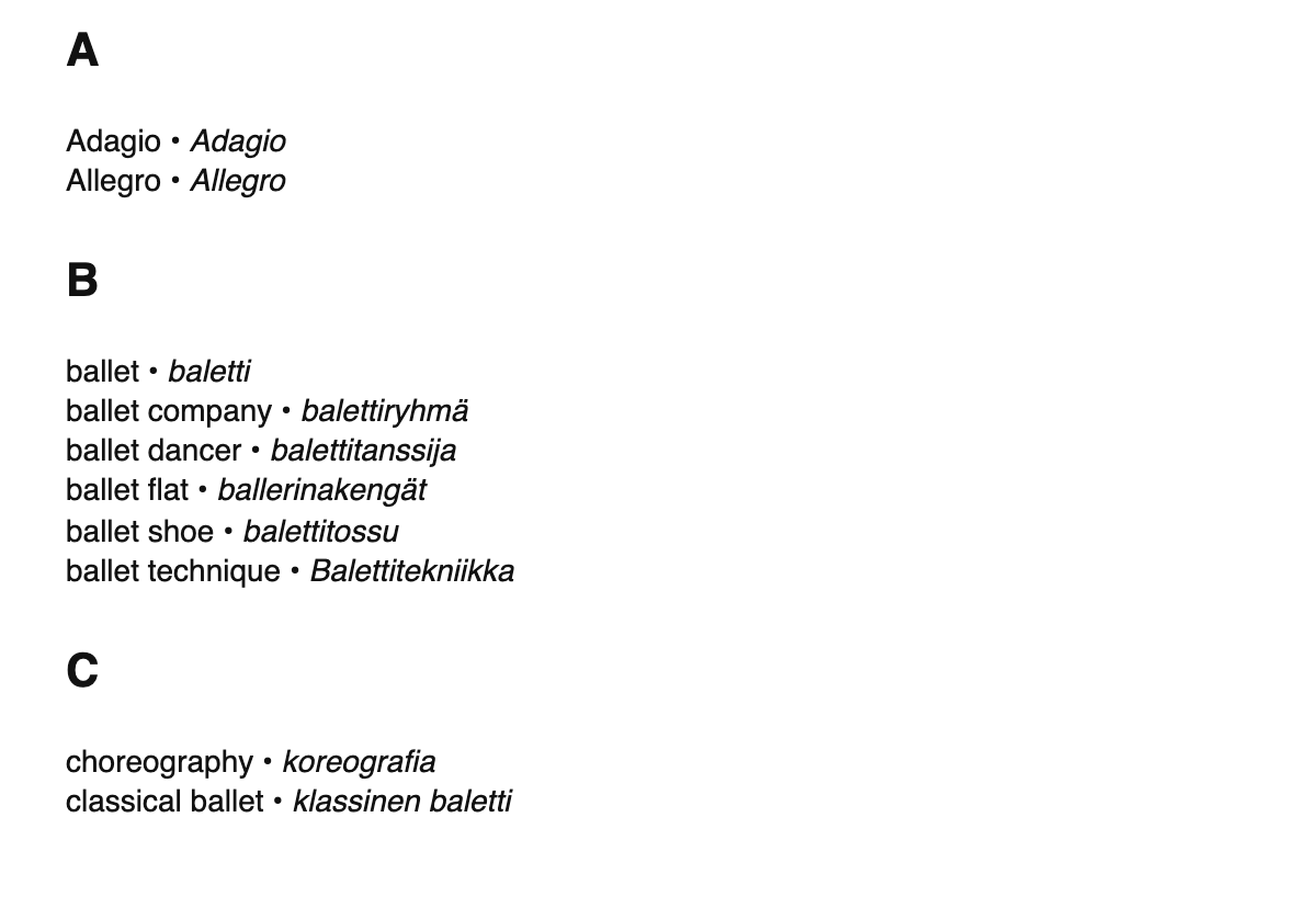 Ballet terms in Finnish