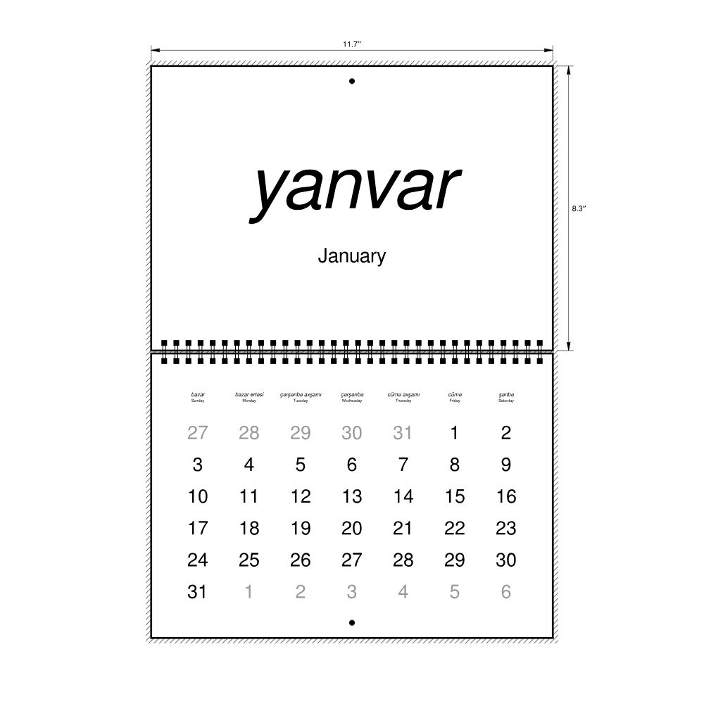 Leskoff 2027 Wall Calendar, Azerbaijani/English-Labeled, Sunday-Start Layout, Wire-Bound, 11.7 x 8.3 in (29.7 x 21.0 cm), image 2 of 2
