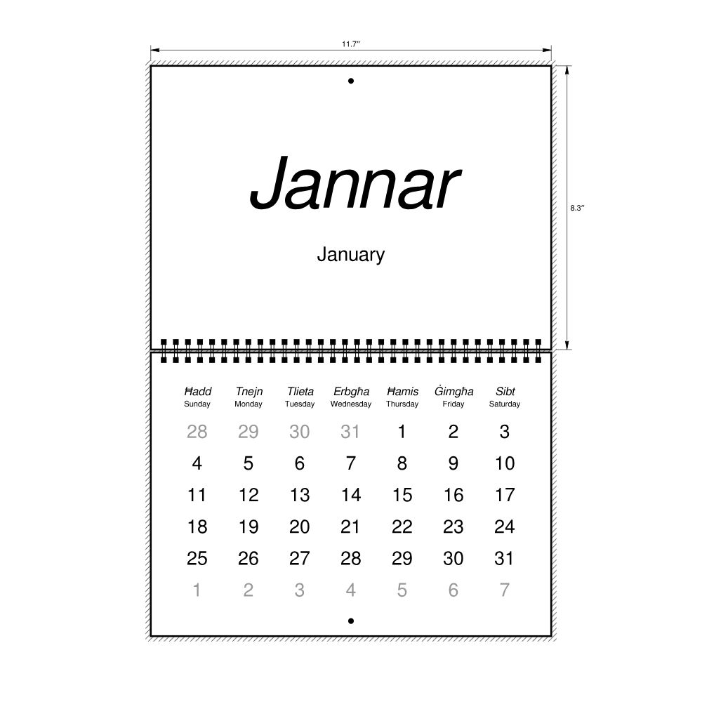 Leskoff 2026 Wall Calendar, Maltese/English-Labeled, Sunday-Start Layout, Wire-Bound, 11.7 x 8.3 in (29.7 x 21.0 cm), image 2 of 2