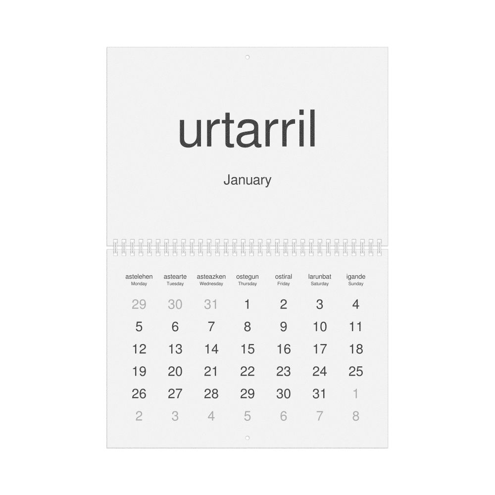 Leskoff 2026 Wall Calendar, Basque/English-Labeled, Monday-Start Layout, Wire-Bound, 11.7 x 8.3 in (29.7 x 21.0 cm), image 1 of 1