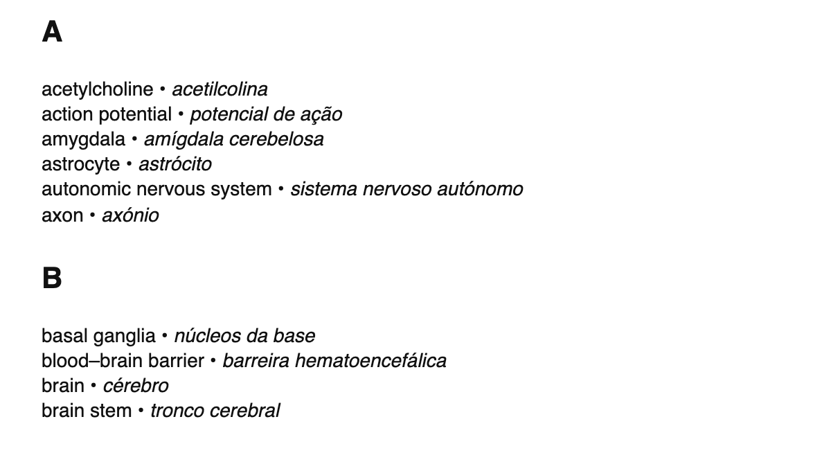 Neuroscience terms in Portuguese