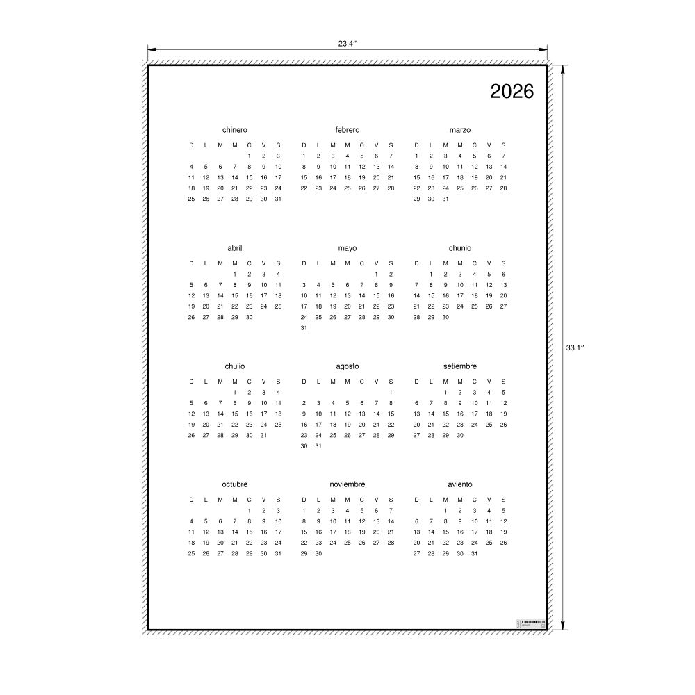 Leskoff 2026 Wall Calendar, Aragonese-Labeled, Sunday-Start Layout, Poster / Wall Print, 23.4 x 33.1 in (59.4 x 84.1 cm), image 2 of 2