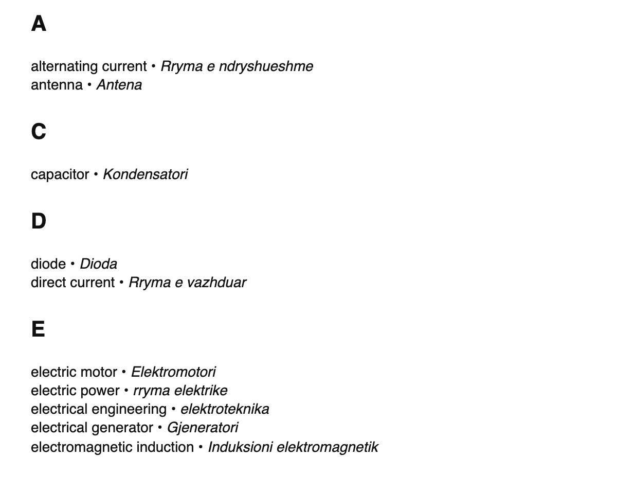 Electrical engineering terms in Albanian