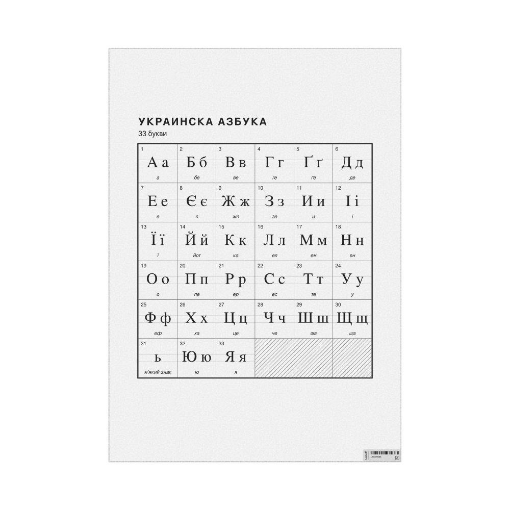 Leskoff Ukrainian Alphabet Chart, 23.4 x 33.1 in (59.4 x 84.1 cm, Poster / Wall Chart), Macedonian-Labeled, image 1 of 2