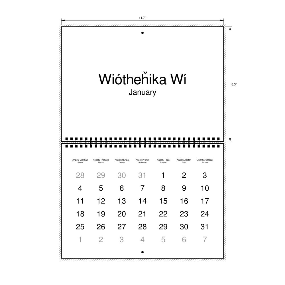 Leskoff 2026 Wall Calendar, Lakota/English-Labeled, Sunday-Start Layout, Wire-Bound, 11.7 x 8.3 in (29.7 x 21.0 cm), image 1 of 1