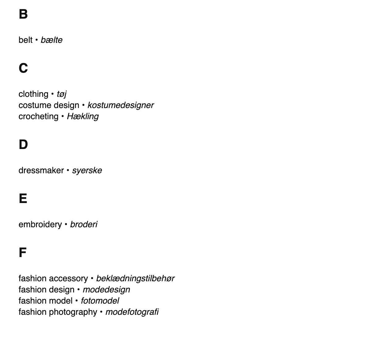 Fashion design terms in Danish