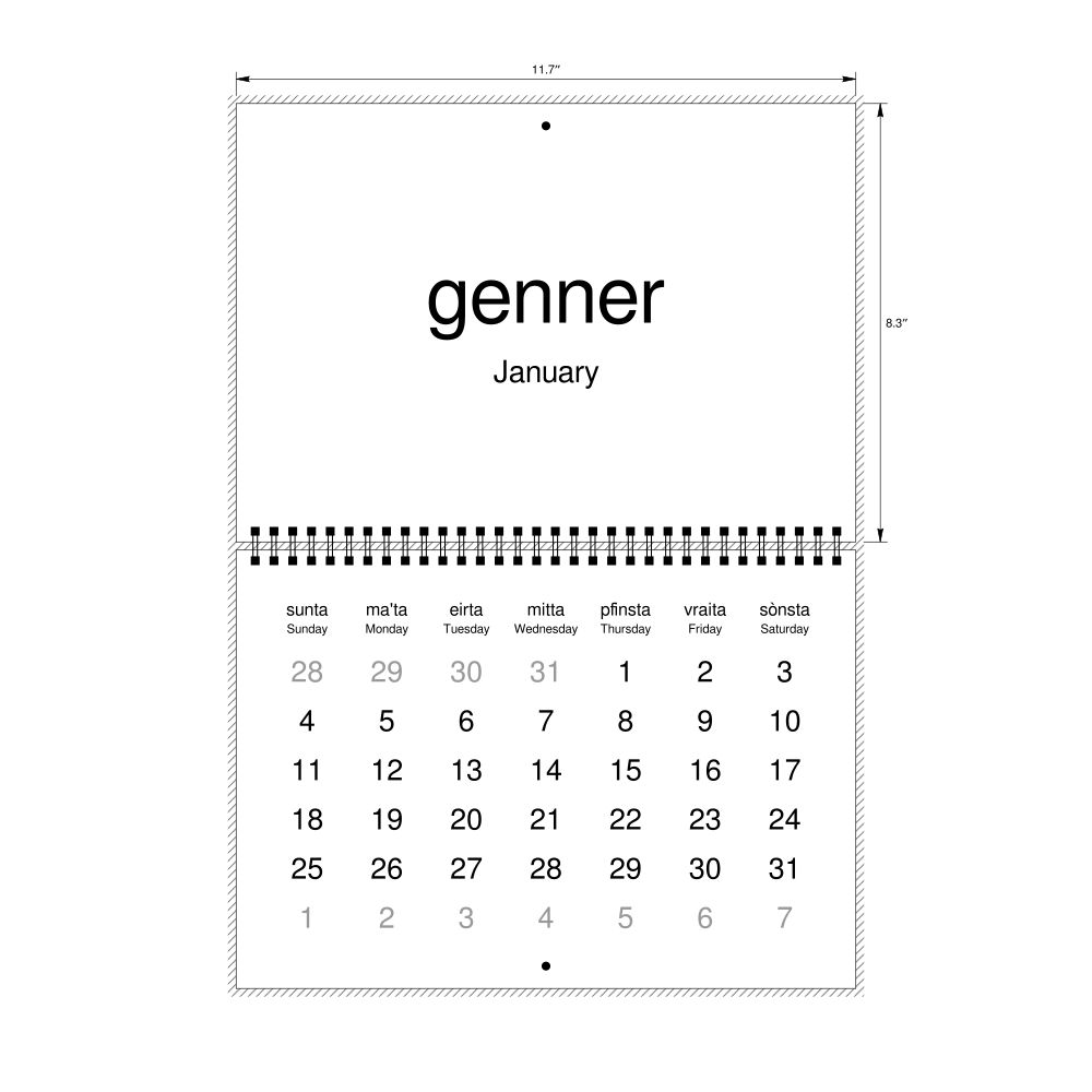 Leskoff 2026 Wall Calendar, Mòcheno/English-Labeled, Sunday-Start Layout, Wire-Bound, 11.7 x 8.3 in (29.7 x 21.0 cm), image 2 of 2