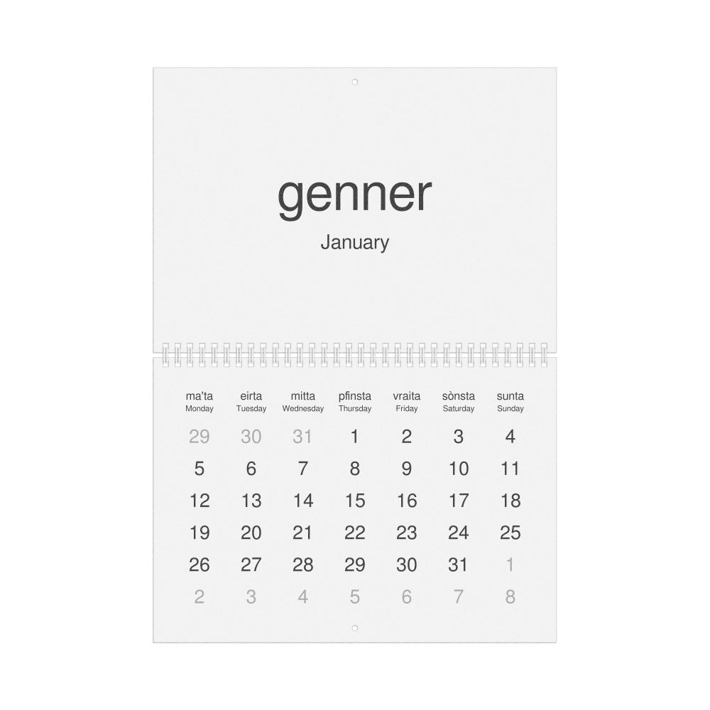 Leskoff 2026 Wall Calendar, Mòcheno/English-Labeled, Monday-Start Layout, Wire-Bound, 11.7 x 8.3 in (29.7 x 21.0 cm), image 1 of 1