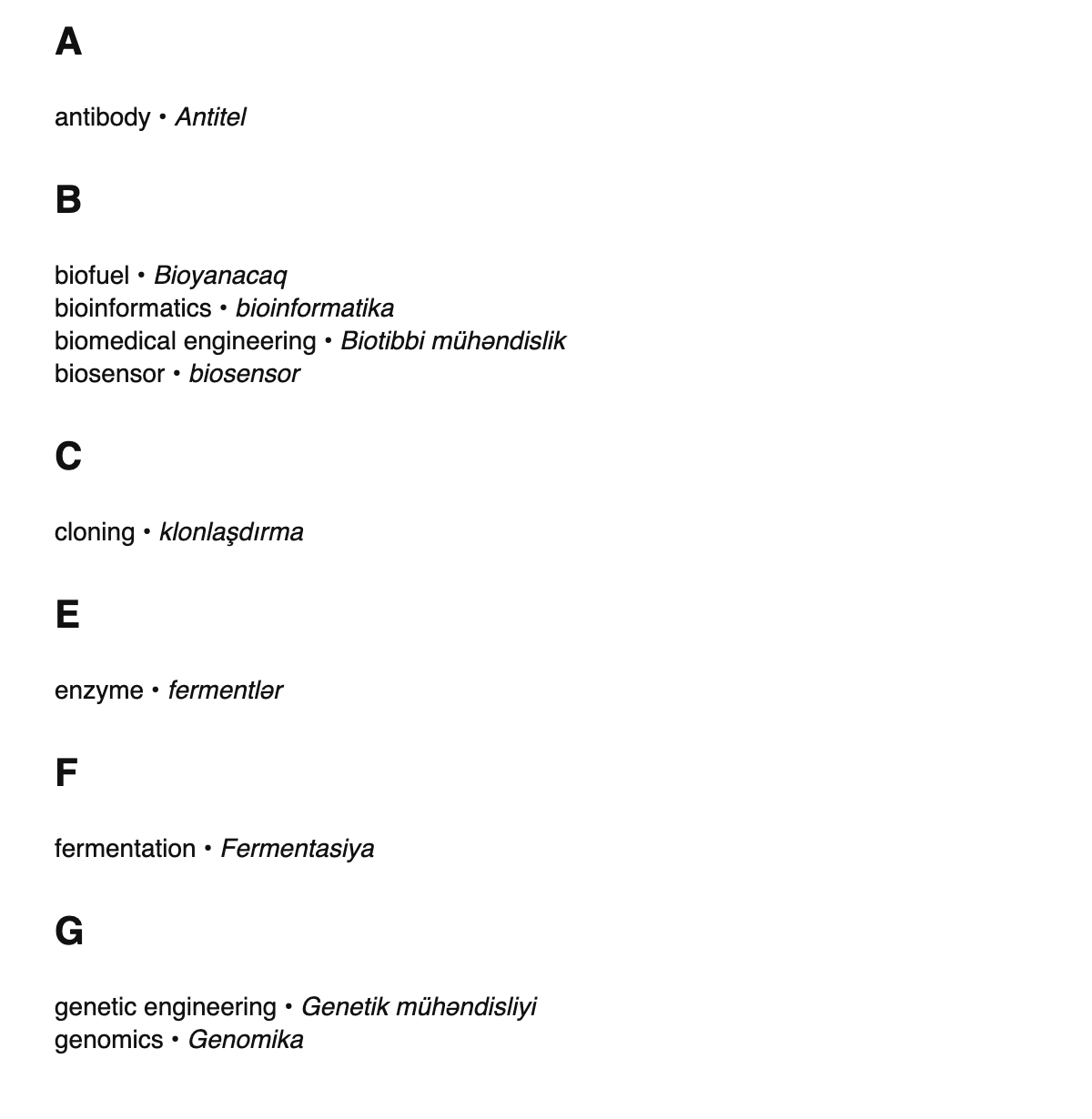 Bioengineering terms in Azerbaijani