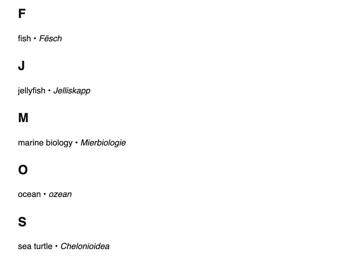Marine biology terms in Luxembourgish