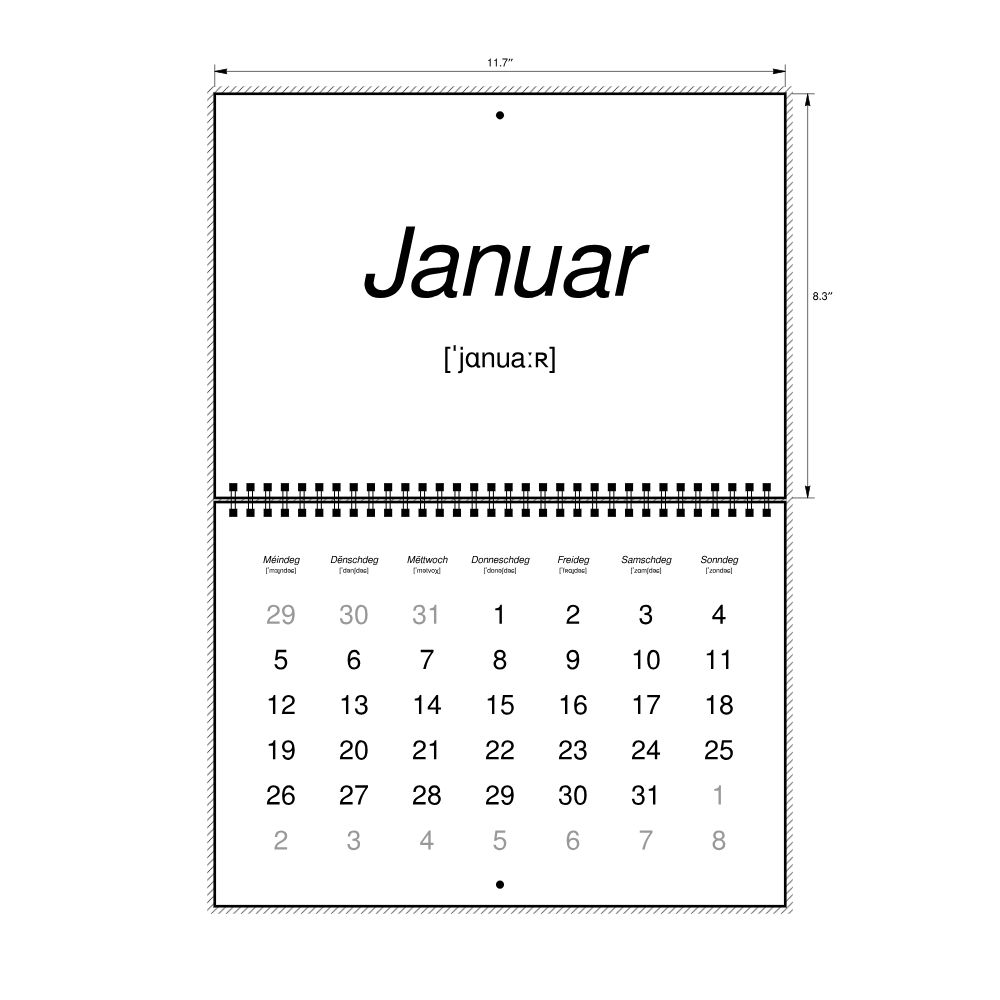 Leskoff 2026 Phonetic Wall Calendar, Luxembourgish-Labeled with IPA, Monday-Start Layout, Wire-Bound, 11.7 x 8.3 in (29.7 x 21.0 cm), image 2 of 2