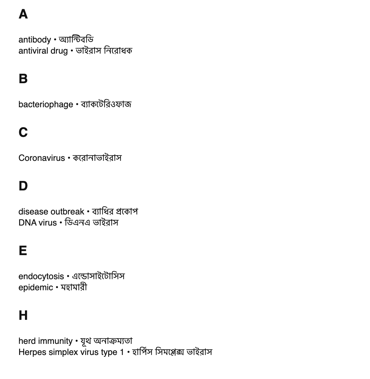 Virology terms in Bengali