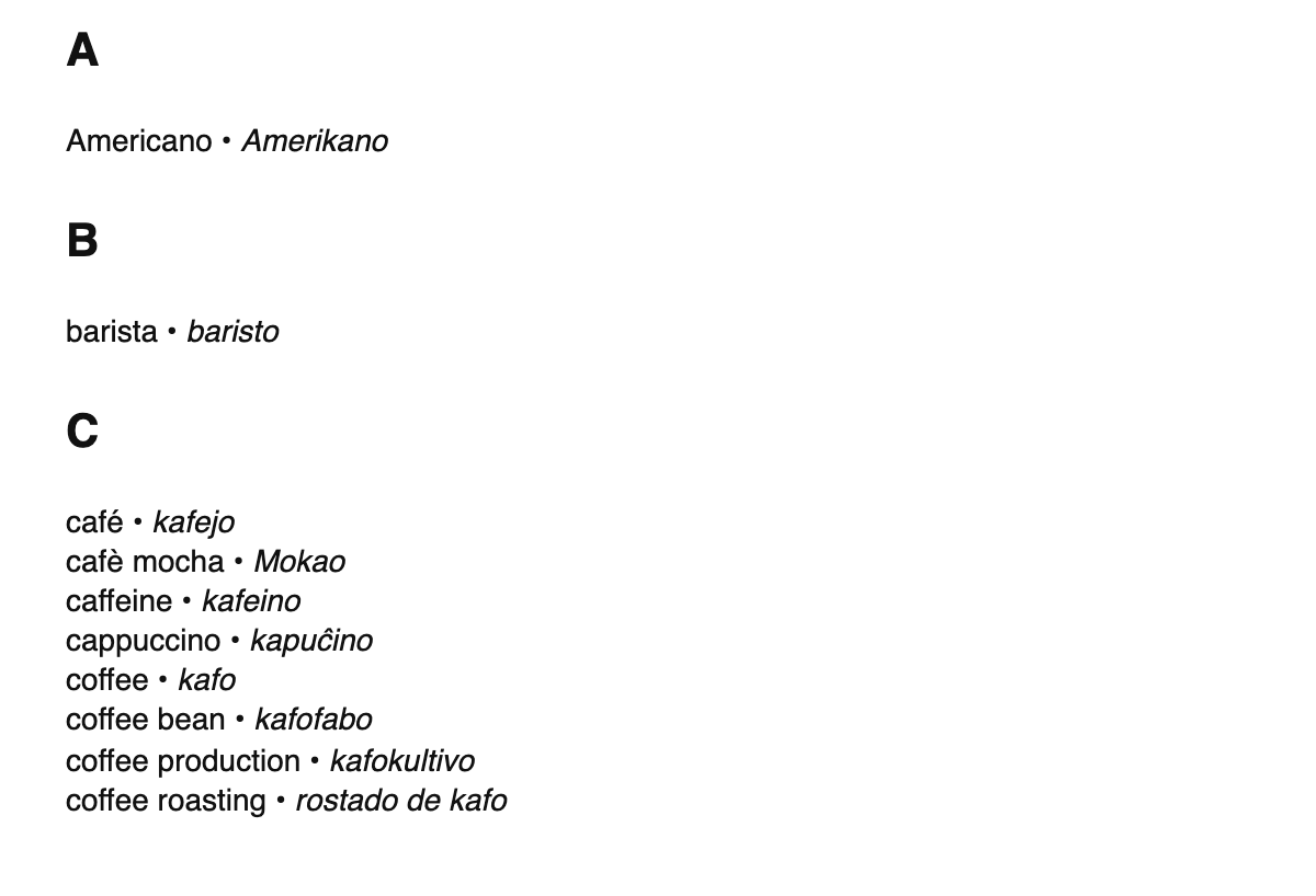 Coffee terms in Esperanto