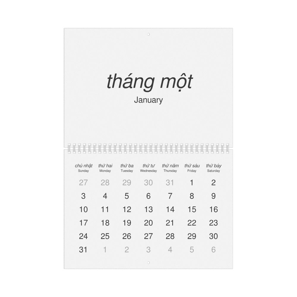 Leskoff 2027 Wall Calendar, Vietnamese/English-Labeled, Sunday-Start Layout, Wire-Bound, 11.7 x 8.3 in (29.7 x 21.0 cm), image 1 of 1