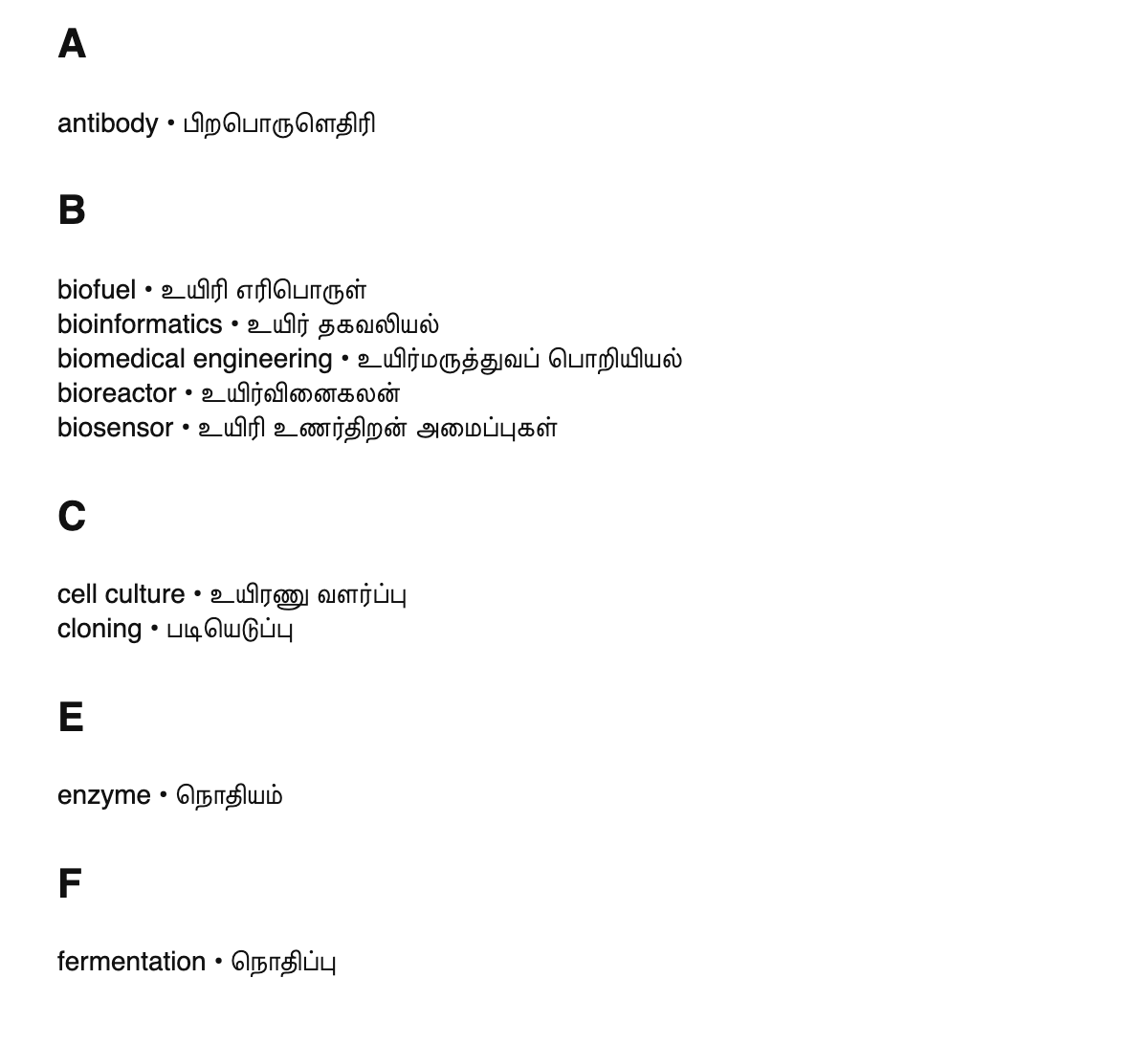 Bioengineering terms in Tamil
