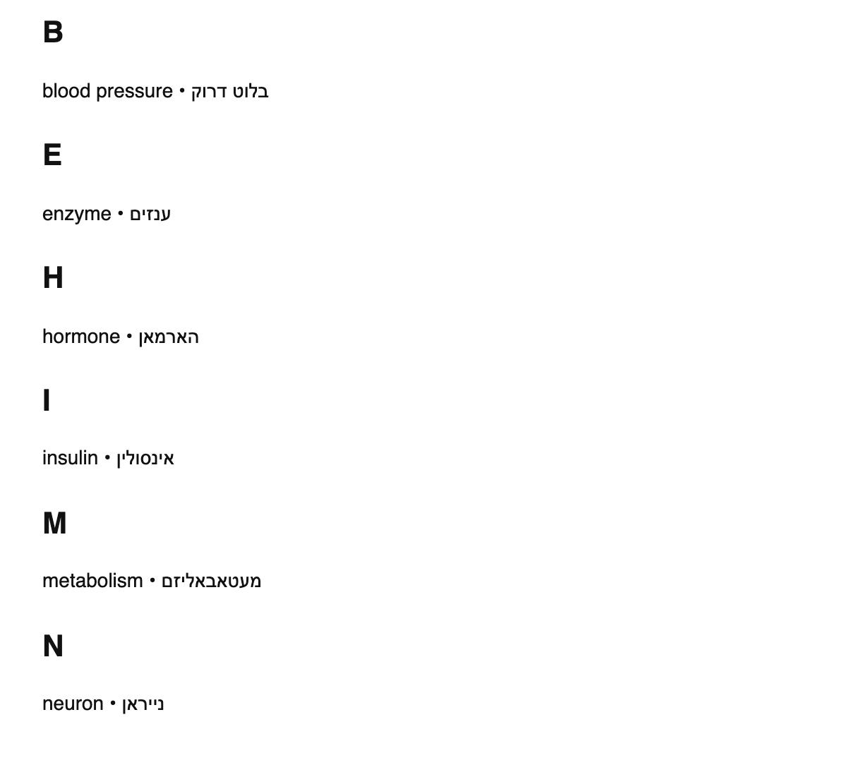 Physiology terms in Yiddish