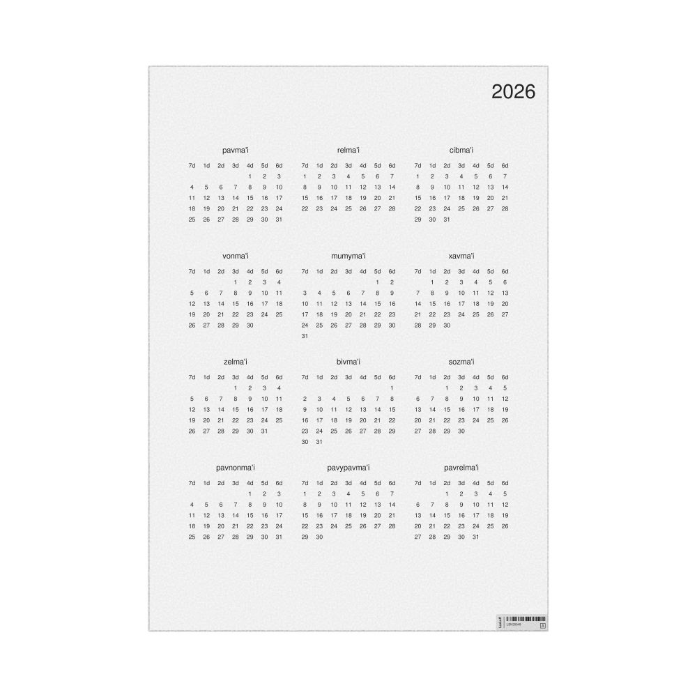 Leskoff 2026 Wall Calendar, Lojban-Labeled, Sunday-Start Layout, Poster / Wall Print, 23.4 x 33.1 in (59.4 x 84.1 cm), image 1 of 2