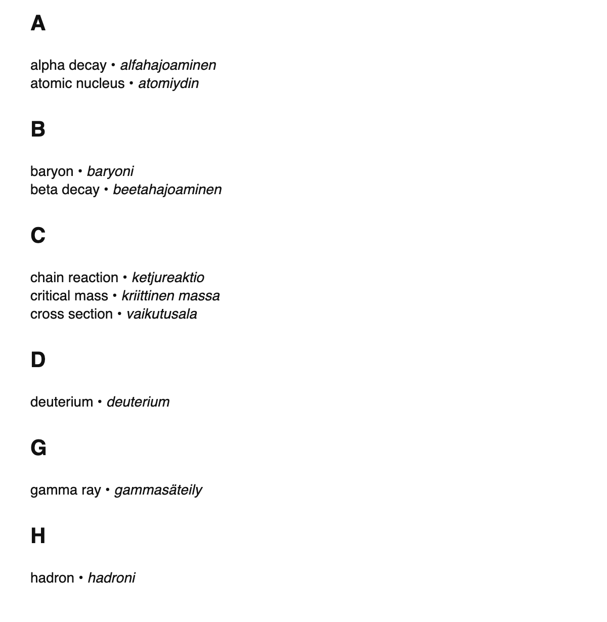 Nuclear physics terms in Finnish