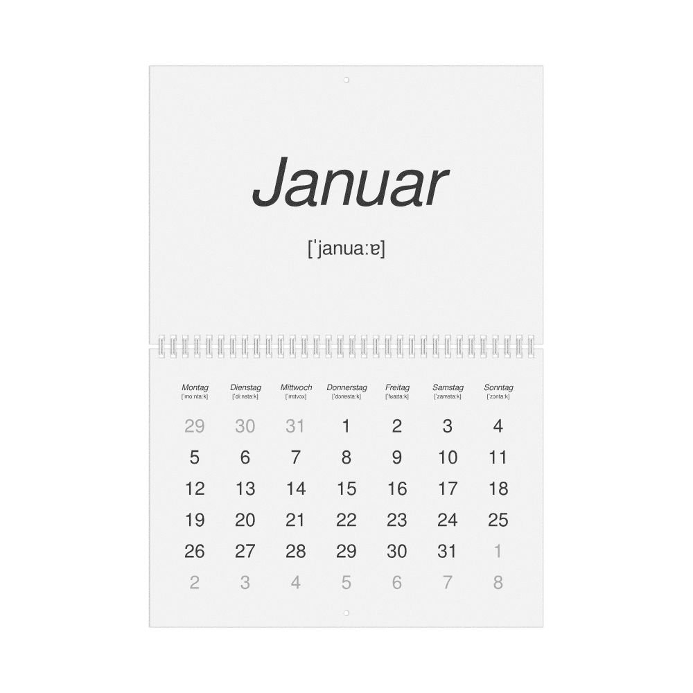 Leskoff 2026 Phonetic Wall Calendar, German-Labeled with IPA, Monday-Start Layout, Wire-Bound, 11.7 x 8.3 in (29.7 x 21.0 cm), image 1 of 1