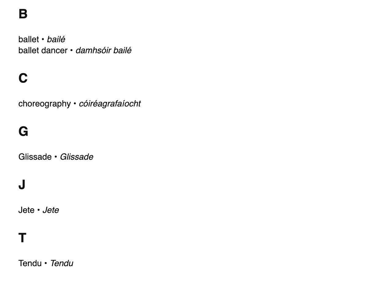 Ballet terms in Irish