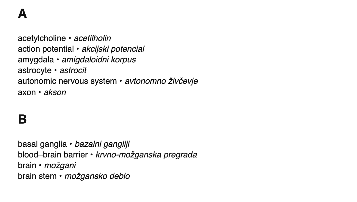 Neuroscience terms in Slovene