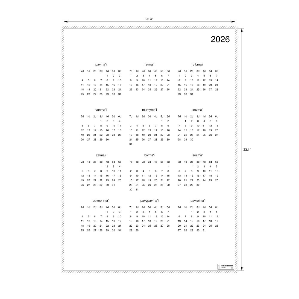 Leskoff 2026 Wall Calendar, Lojban-Labeled, Sunday-Start Layout, Poster / Wall Print, 23.4 x 33.1 in (59.4 x 84.1 cm), image 2 of 3