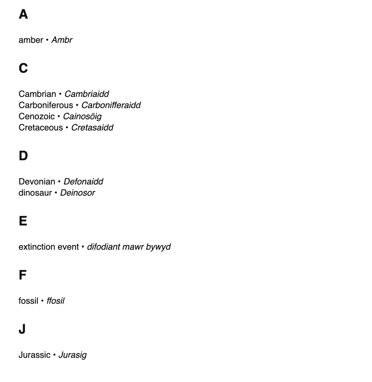 Paleontology terms in Welsh