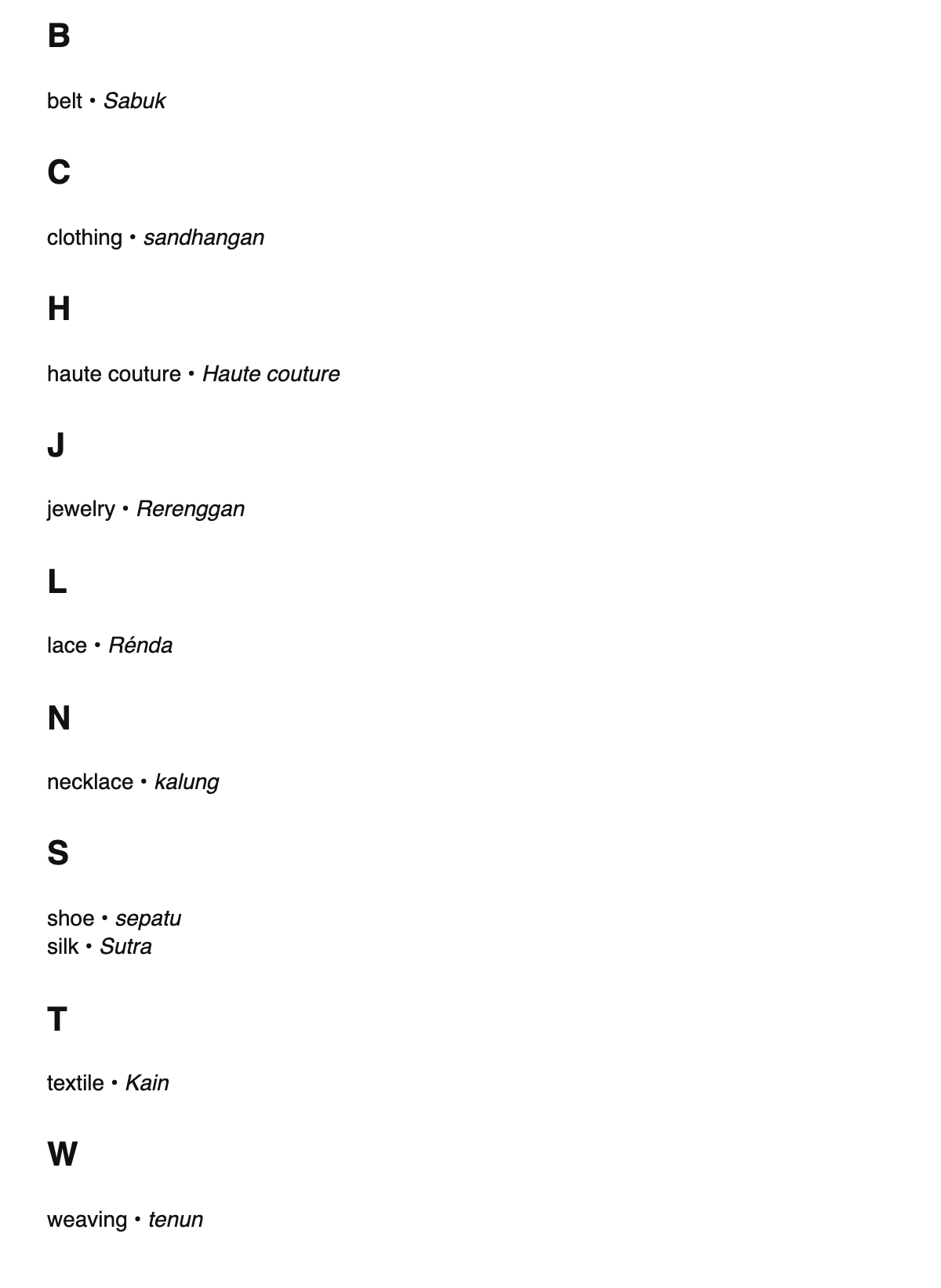 Fashion design terms in Javanese