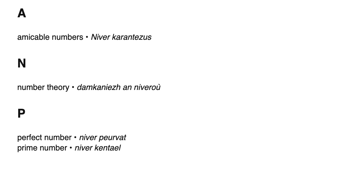 Number theory terms in Breton