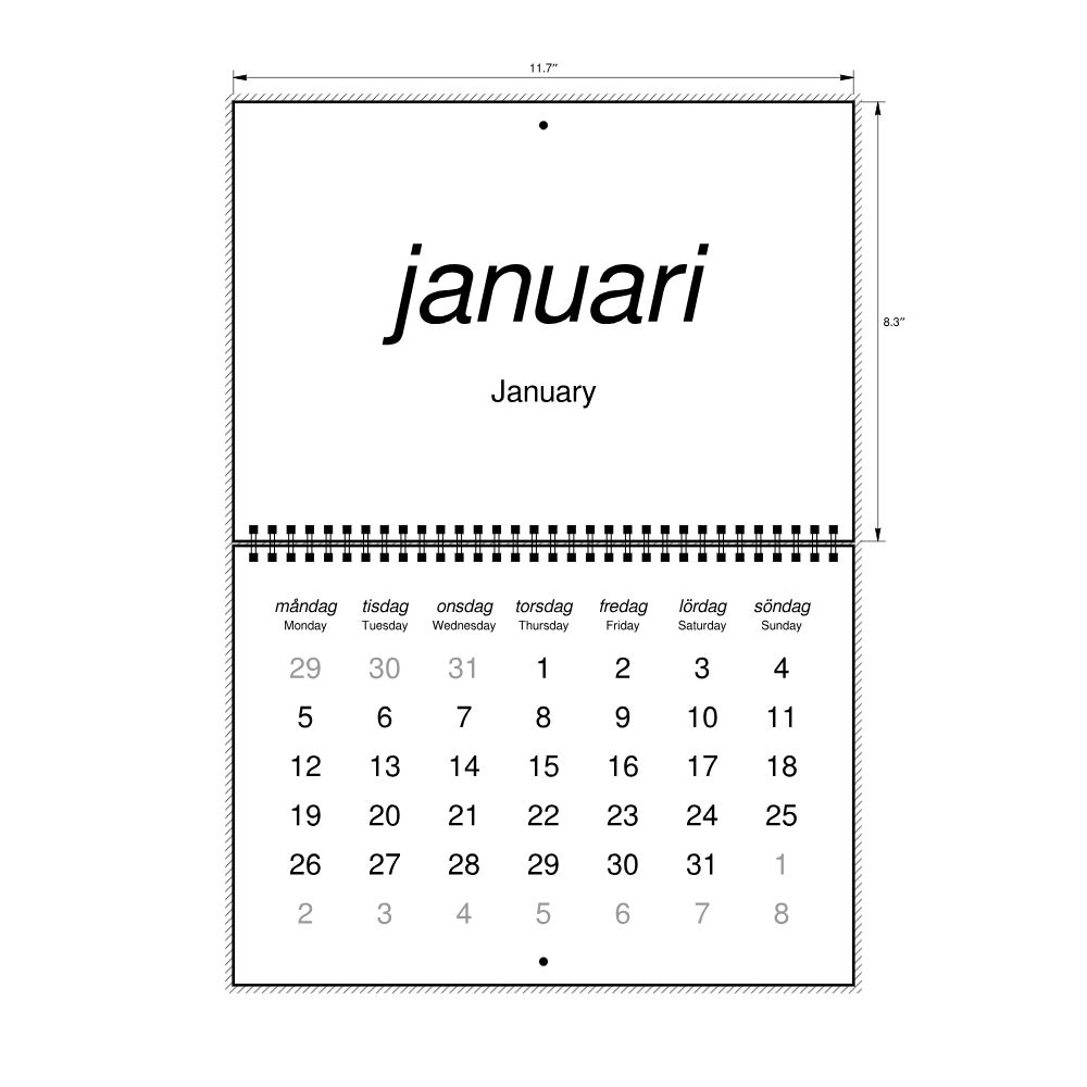 Leskoff 2026 Wall Calendar, Swedish/English-Labeled, Monday-Start Layout, Wire-Bound, 11.7 x 8.3 in (29.7 x 21.0 cm), image 2 of 2