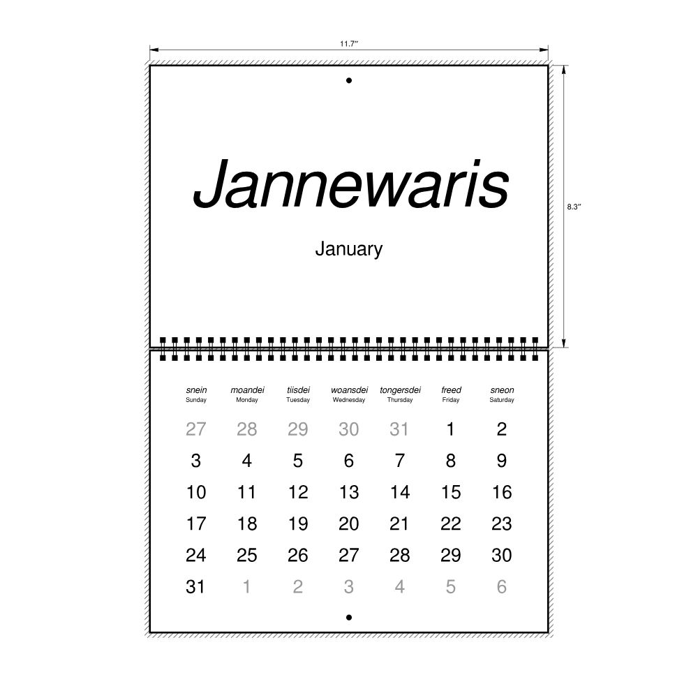 Leskoff 2027 Wall Calendar, West Frisian/English-Labeled, Sunday-Start Layout, Wire-Bound, 11.7 x 8.3 in (29.7 x 21.0 cm), image 2 of 2
