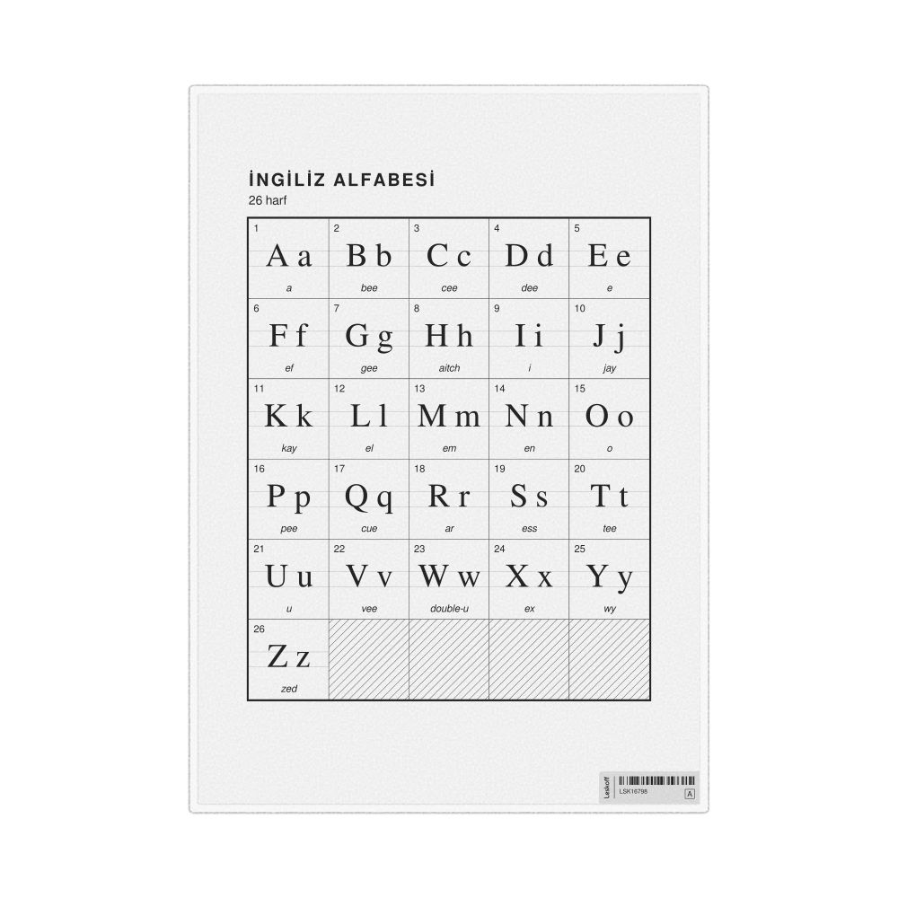 Leskoff English Alphabet Chart, 8.3 x 11.7 in (21.0 x 29.7 cm, Desk Chart, Laminated), Turkish-Labeled, image 1 of 2