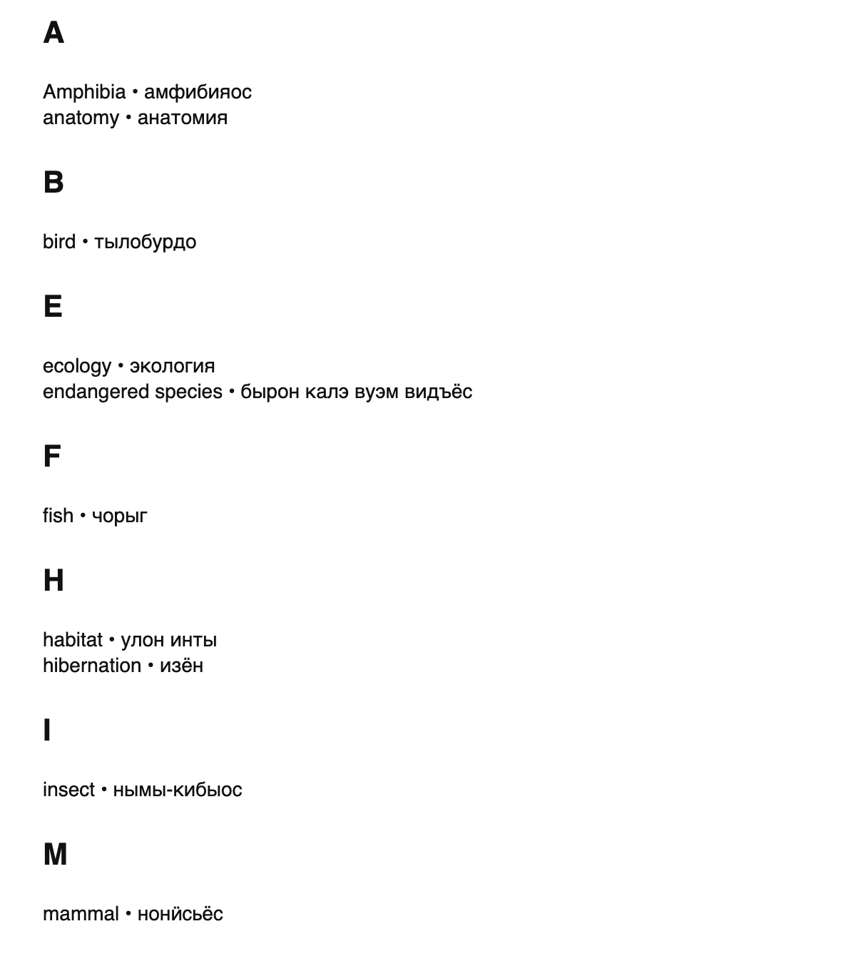 Zoology terms in Udmurt