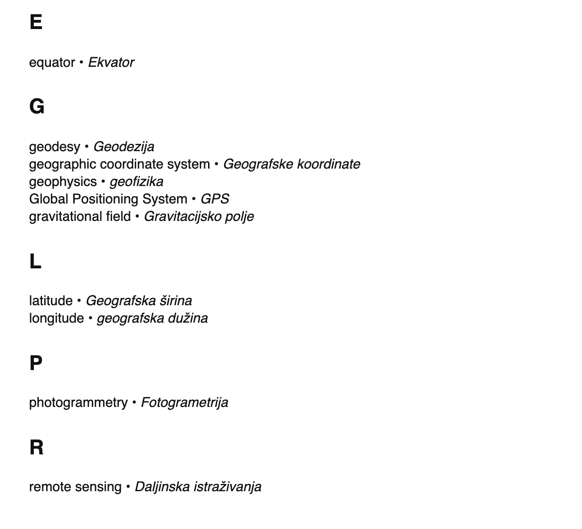 Geodesy terms in Bosnian