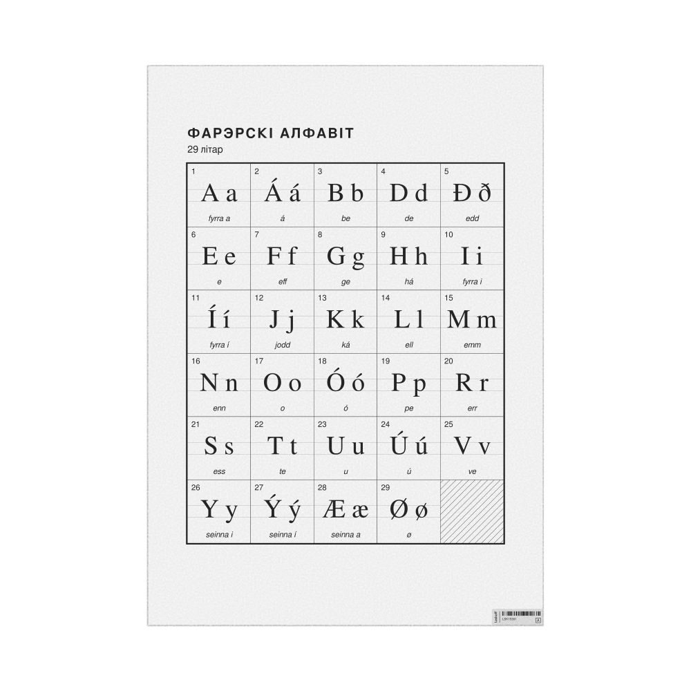 Leskoff Faroese Alphabet Chart, 23.4 x 33.1 in (59.4 x 84.1 cm, Poster / Wall Chart), Belarusian-Labeled, image 1 of 2