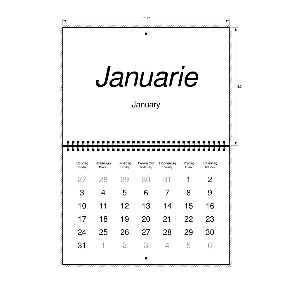 Leskoff 2027 Wall Calendar, Afrikaans/English-Labeled, Sunday-Start Layout, Wire-Bound, 11.7 x 8.3 in (29.7 x 21.0 cm), image 2 of 2