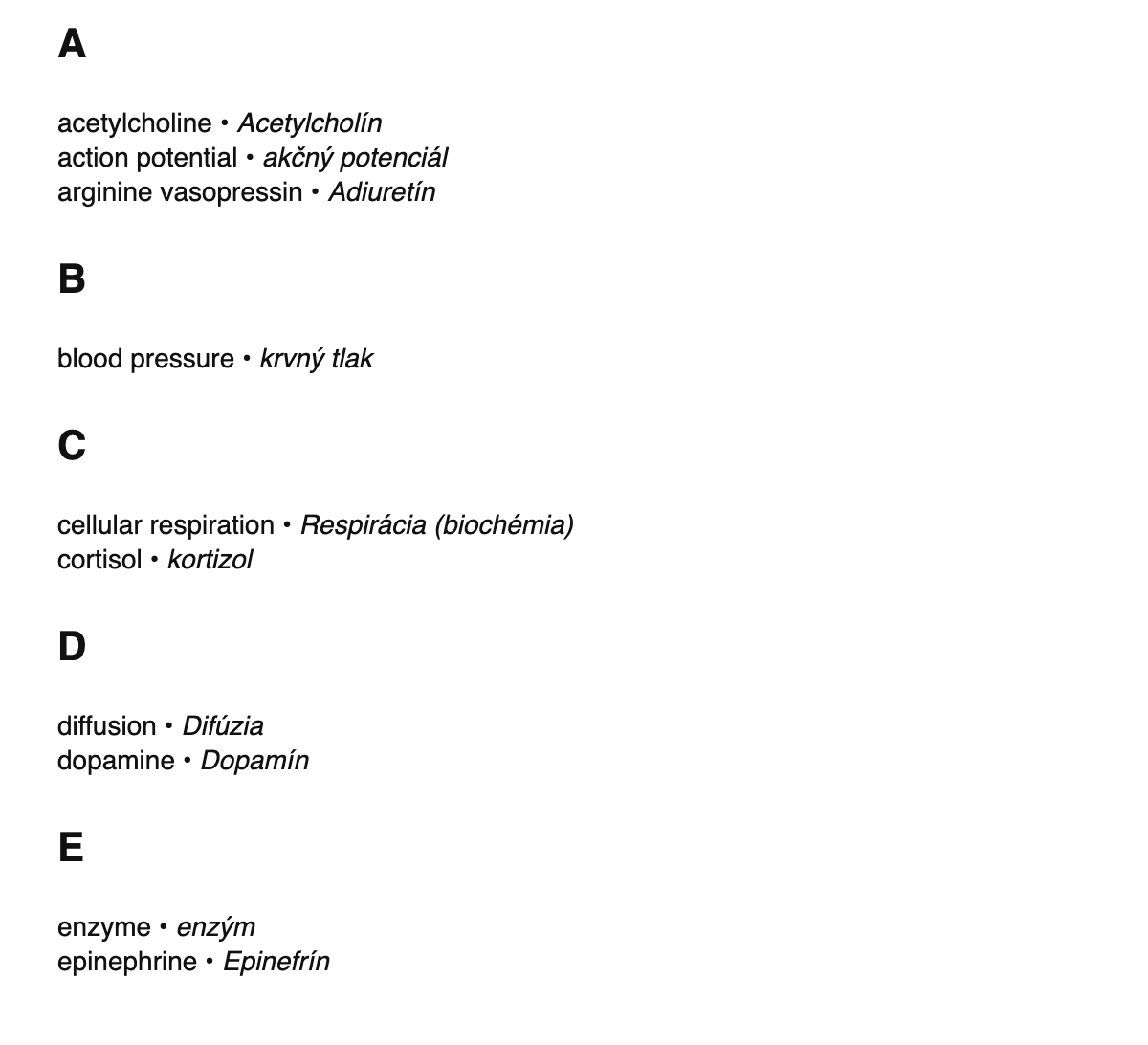 Physiology terms in Slovak