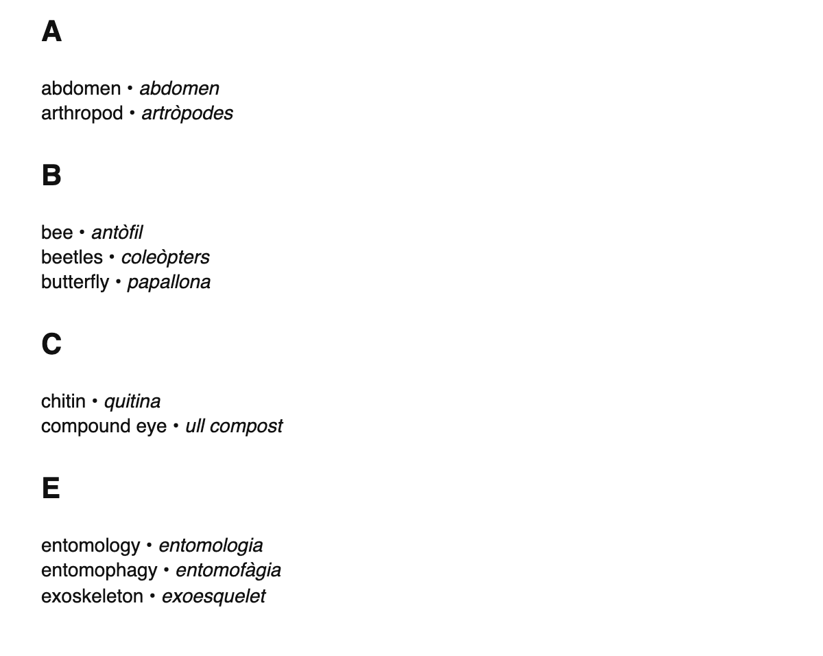 Entomology terms in Catalan