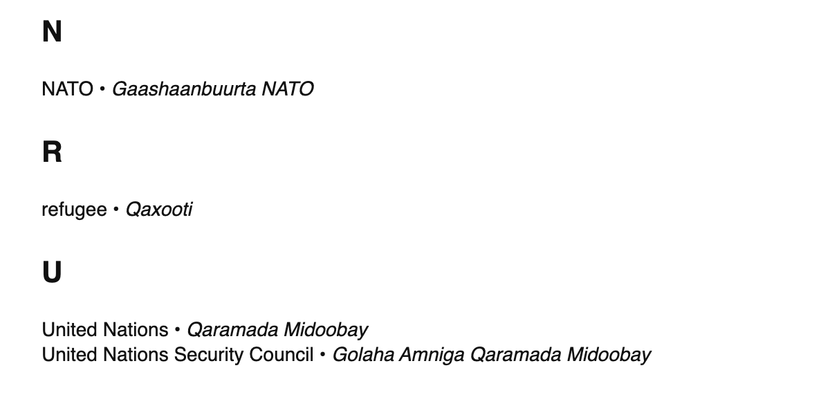 International relations terms in Somali