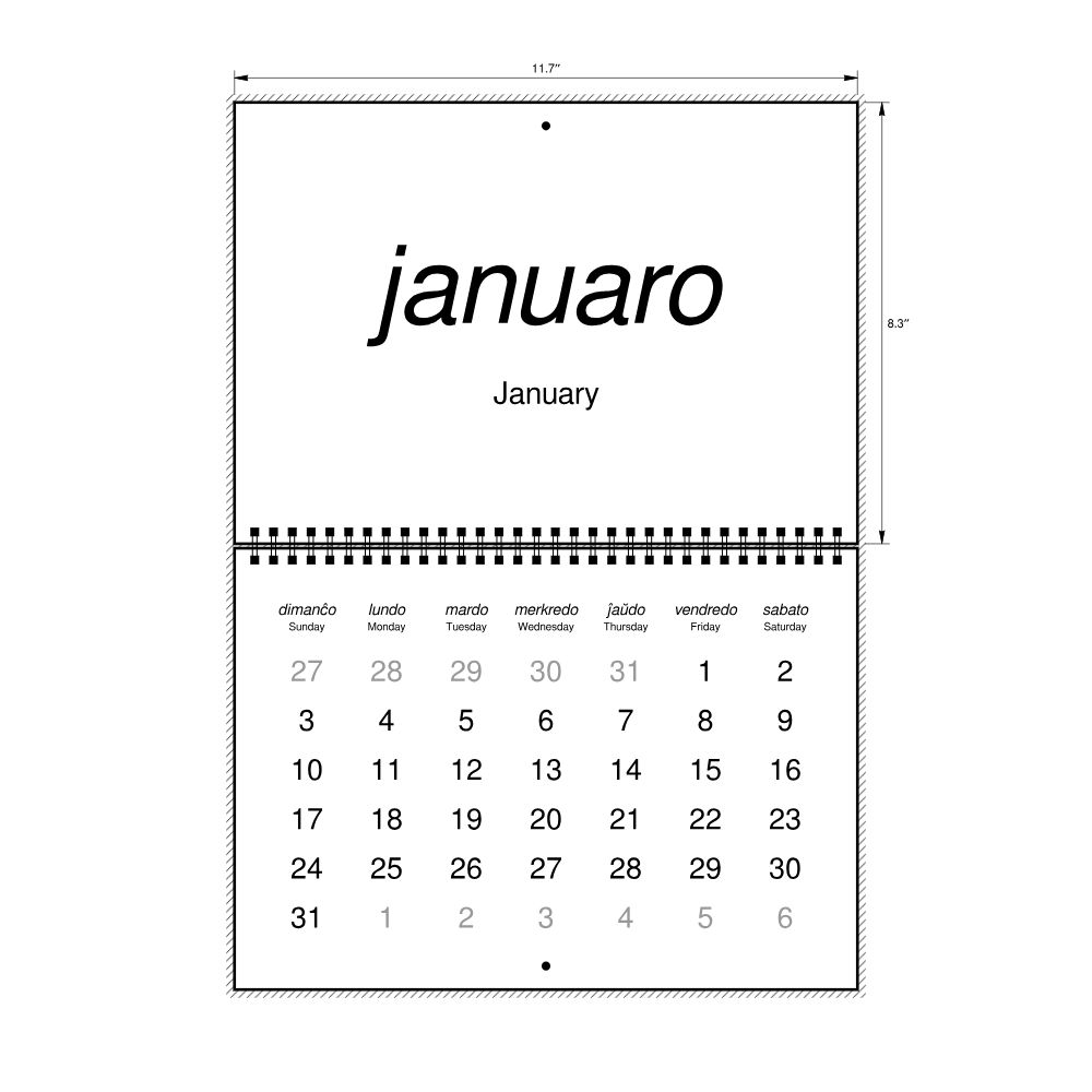 Leskoff 2027 Wall Calendar, Esperanto/English-Labeled, Sunday-Start Layout, Wire-Bound, 11.7 x 8.3 in (29.7 x 21.0 cm), image 2 of 2