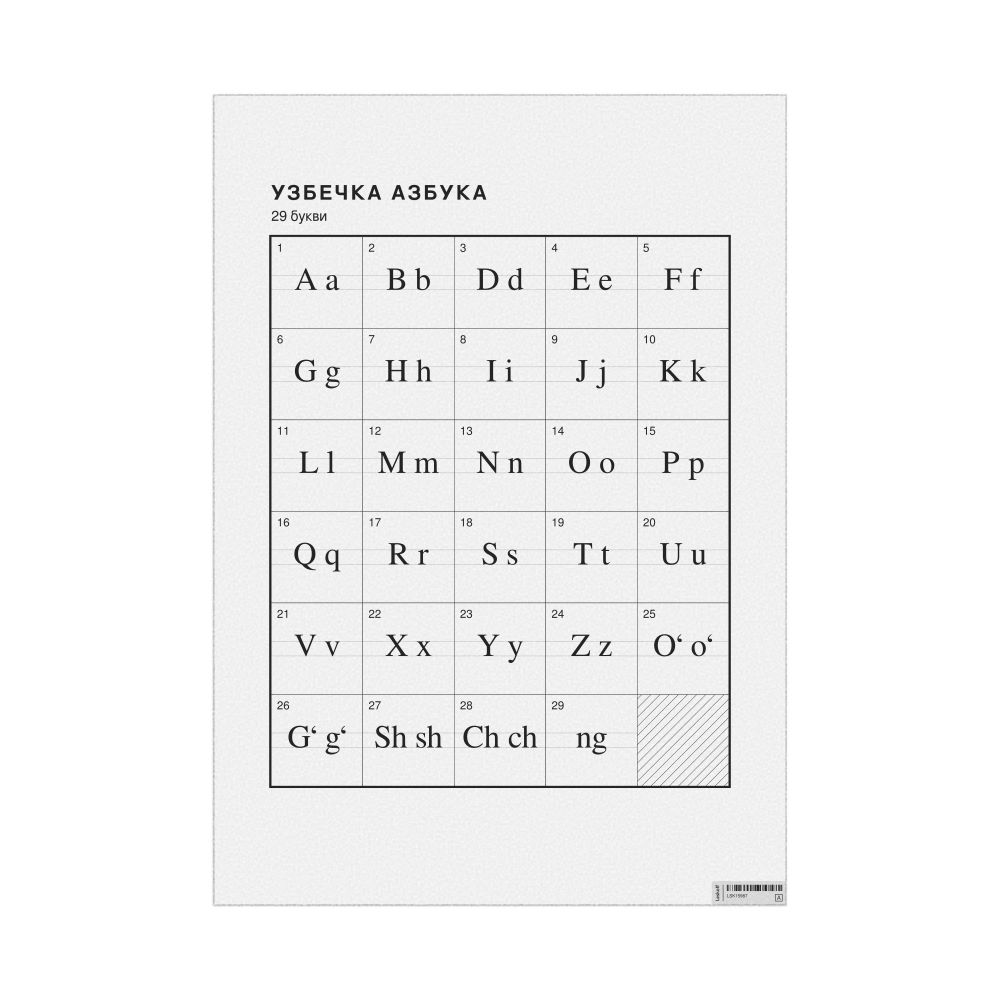 Leskoff Uzbek Alphabet Chart, 23.4 x 33.1 in (59.4 x 84.1 cm, Poster / Wall Chart), Macedonian-Labeled, image 1 of 2