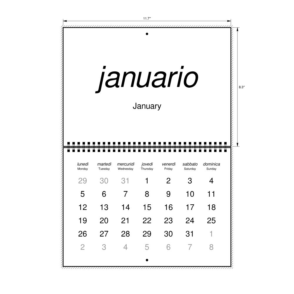 Leskoff 2026 Wall Calendar, Interlingua/English-Labeled, Monday-Start Layout, Wire-Bound, 11.7 x 8.3 in (29.7 x 21.0 cm), image 2 of 2