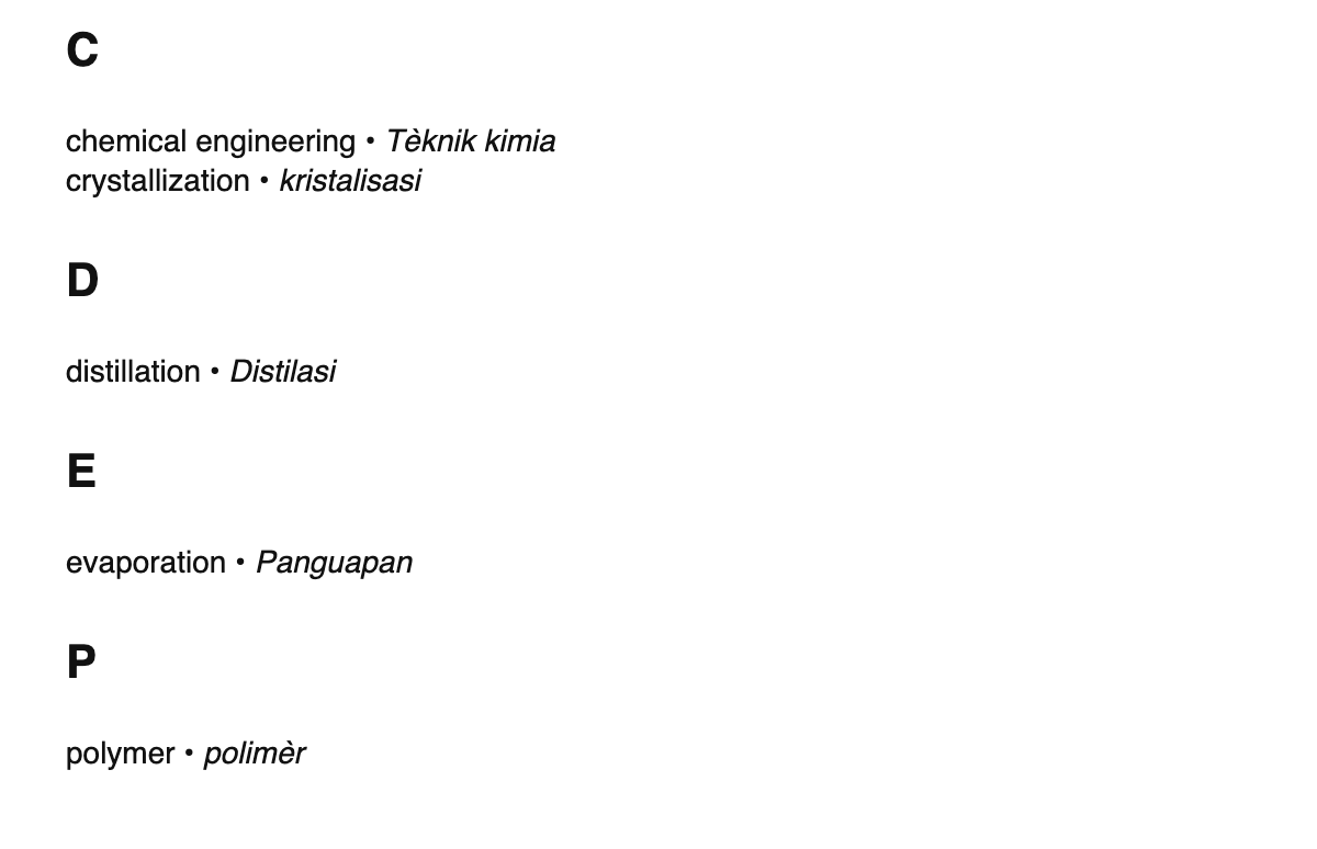 Chemical engineering terms in Javanese
