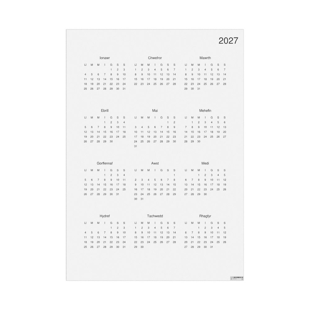Leskoff 2027 Wall Calendar, Welsh-Labeled, Monday-Start Layout, Poster / Wall Print, 23.4 x 33.1 in (59.4 x 84.1 cm), image 1 of 1