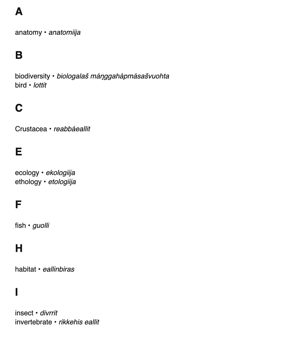 Zoology terms in Northern Sámi