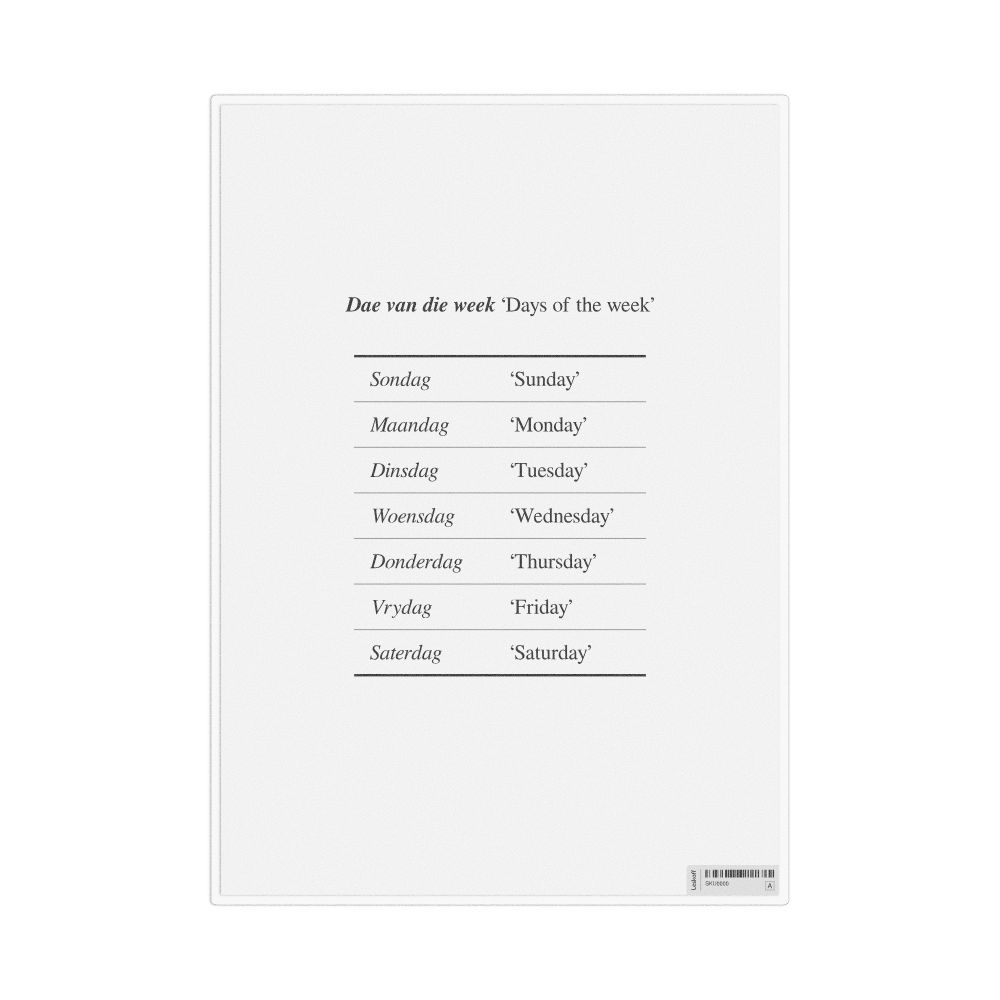 Leskoff Days of the Week in Afrikaans, Desk Chart, 8.3 x 11.7 in (21.0 x 29.7 cm), image 1 of 1