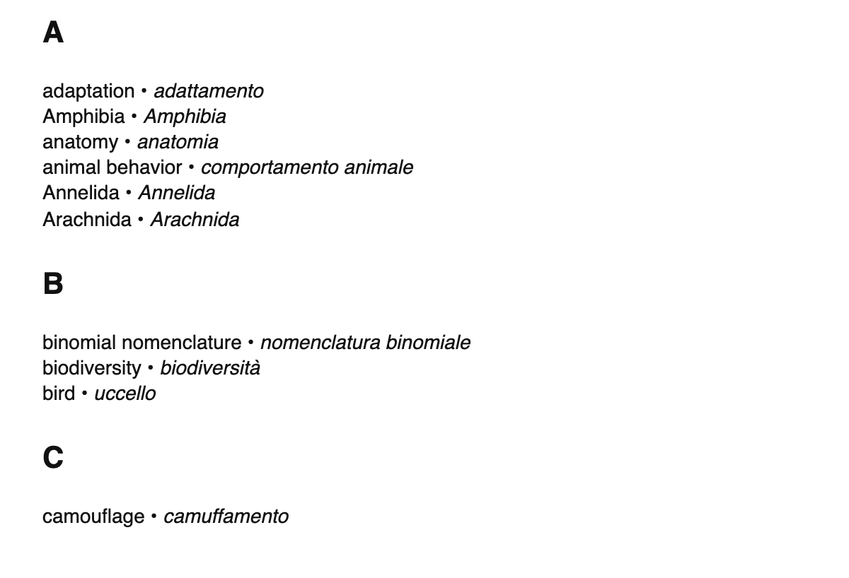 Zoology terms in Italian