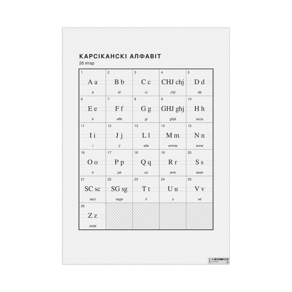 Leskoff Corsican Alphabet Chart, 23.4 x 33.1 in (59.4 x 84.1 cm, Poster / Wall Chart), Belarusian-Labeled, image 1 of 2