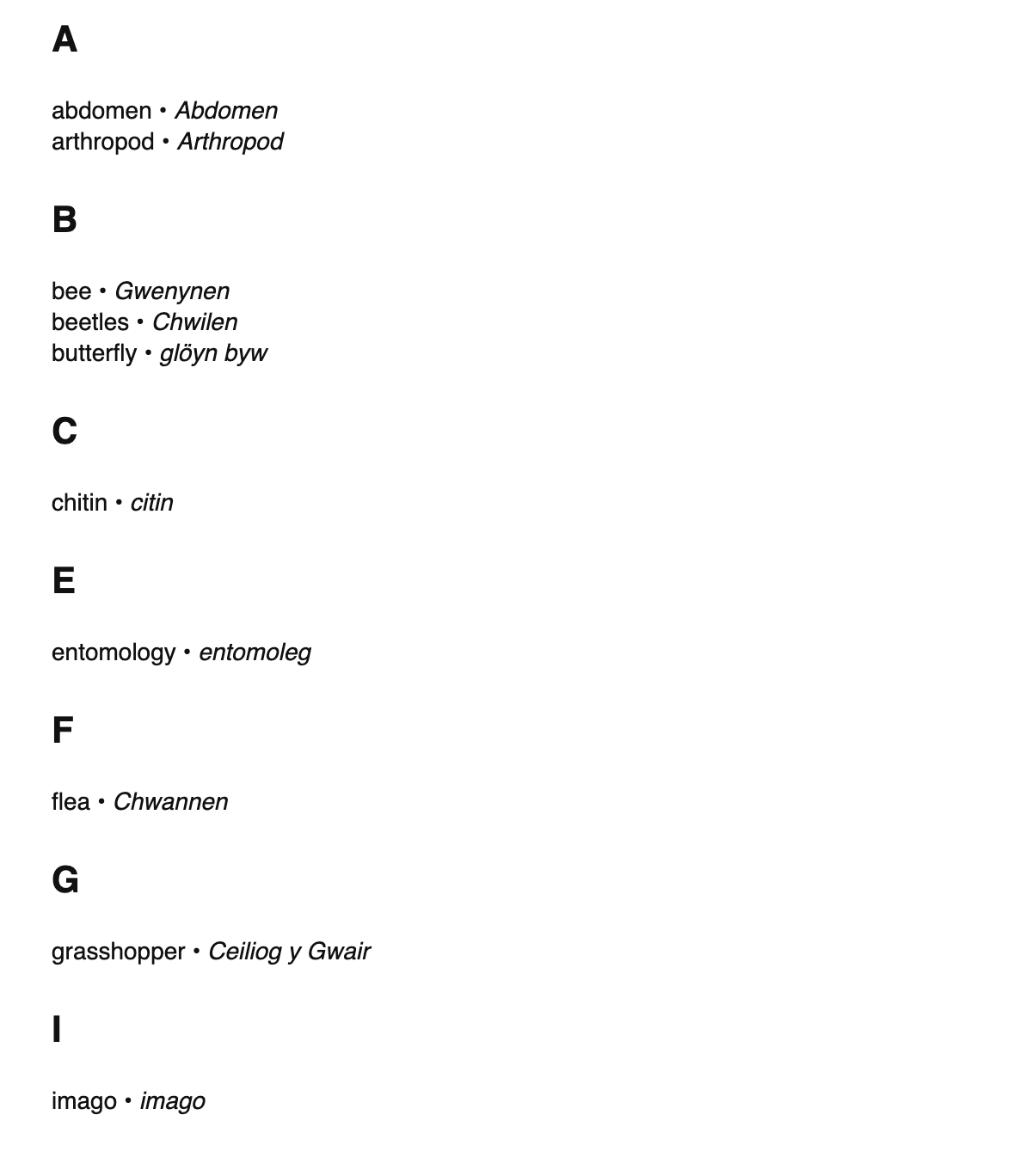 Entomology terms in Welsh