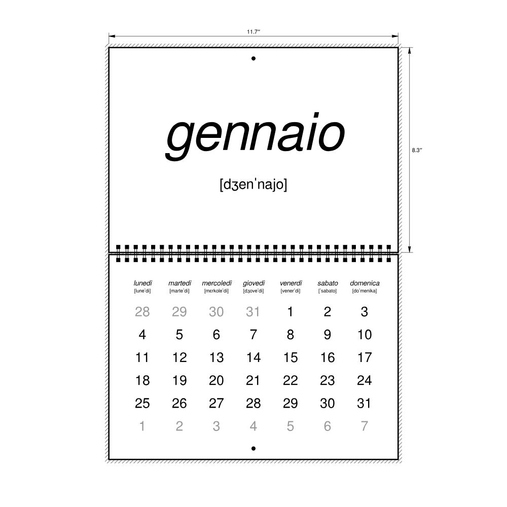 Leskoff 2027 Phonetic Wall Calendar, Italian-Labeled with IPA, Monday-Start Layout, Wire-Bound, 11.7 x 8.3 in (29.7 x 21.0 cm), image 2 of 2